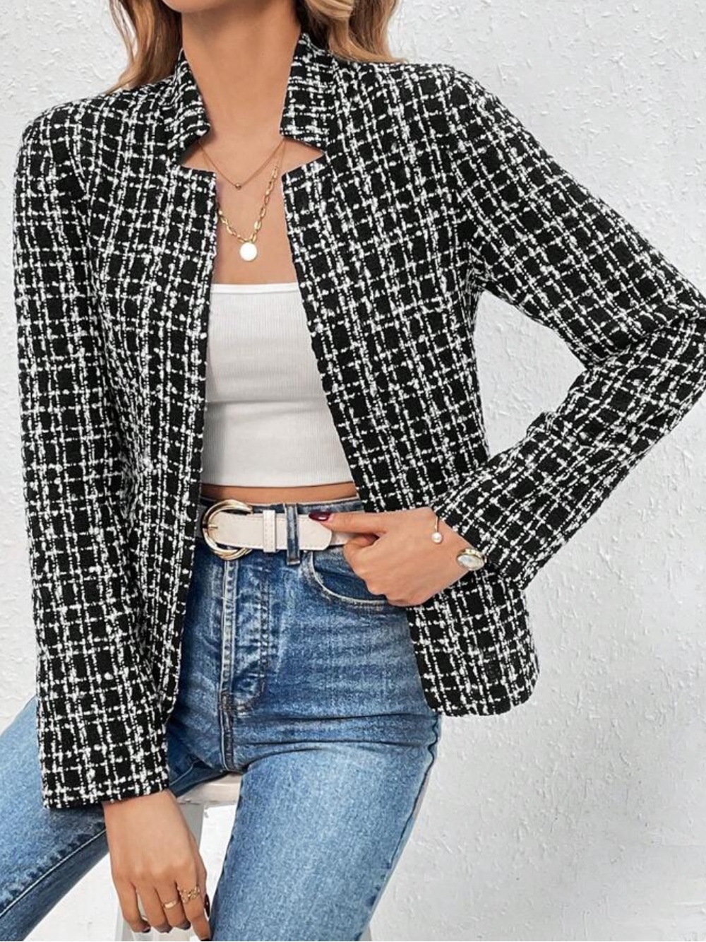 Black & White Tweed Women's Jacket - Classic Open Front Blazer